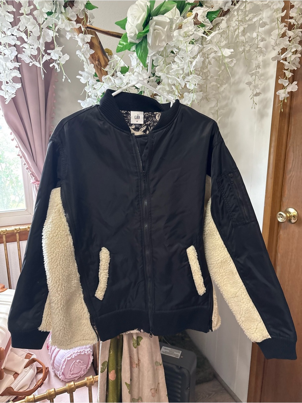 CAbi Charisma Black Bomber Jacket with Cream Sherpa Trim - Picture 4 of 9